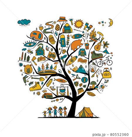 World Tourism Day. Forest and Mountain Tourism concept. Camping Art tree for your design. 80552360