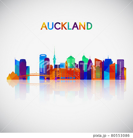 Auckland skyline silhouette in colorful geometric style.  80553086