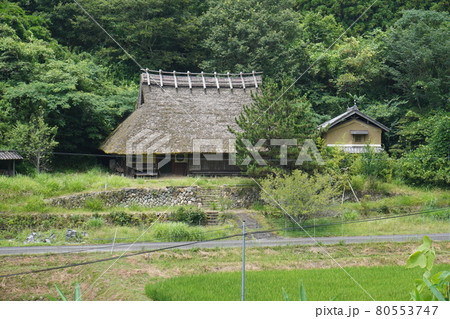 日本のわらぶき家屋夏の風景 80553747
