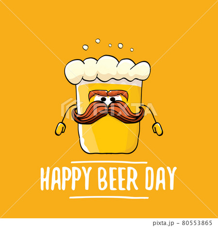 International beer day vector concept illustration or summer poster with vector funky beer character on orange background. Cartoon funny International beer day label International beer day vector concept illustration or summer poster with vector funky beer character on orange background. Cartoon funny International beer day label 80553865