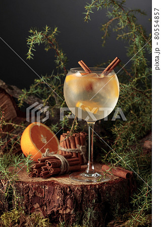 Gin and Tonic cocktail with orange and cinnamon. Gin and Tonic cocktail with orange and cinnamon. 80554857