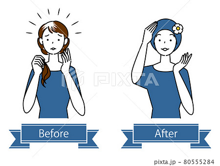 ヘアケア 薄毛対策で医療用のお洒落なケア帽子をかぶる可愛い女性のビフォーアフター イラスト シンプル ヘアケア 薄毛対策で医療用のお洒落なケア帽子をかぶる可愛い女性のビフォーアフター イラスト シンプル 80555284
