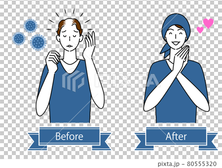 ヘアケア 薄毛対策で医療用のお洒落なケア帽子をかぶる可愛い男性のビフォーアフター イラスト シンプル 80555320