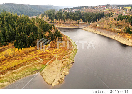 Aerial view of a dam in the Harz Mountains in Germany 80555411