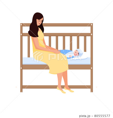 A woman is sitting on her child s bed. She looks at her child and smiles. The long-awaited baby. Vector illustration, concept. Children s room. Illustration on a white background. Single mother. 80555577