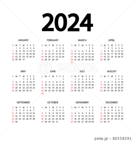 Calendar template for 2024 year. Planner diary in a minimalist style. The week starts on Sunday. Annual calendar template. Mockup design in black and white colors, holidays in red colors Calendar template for 2024 year. Planner diary in a minimalist style. The week starts on Sunday. Annual calendar template. Mockup design in black and white colors, holidays in red colors 80558291