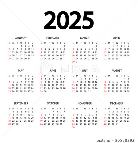 Calendar template for 2025 year. Planner diary in a minimalist style. The week starts on Sunday. Annual calendar template. Mockup design in black and white colors, holidays in red colors Calendar template for 2025 year. Planner diary in a minimalist style. The week starts on Sunday. Annual calendar template. Mockup design in black and white colors, holidays in red colors 80558292