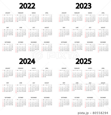 Calendar 2022, 2023, 2024, 2025 year. The week starts on Sunday. Annual calendar template. Yearly English calendar. Yearly organizer in minimal design. Portrait orientation 80558294