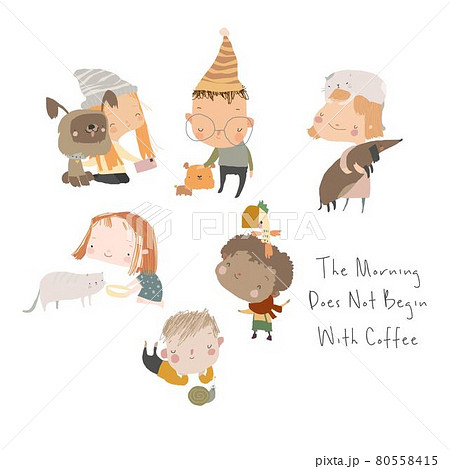 Cute Cartoon Kids with Their Pets on White Background Cute Cartoon Kids with Their Pets on White Background 80558415