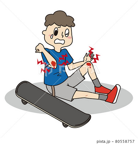 スケートボードの練習中に転倒して肘と膝を怪我してしまった男の子のイラスト素材