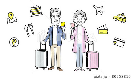 ベクターイラスト素材：旅行先でスマホのアプリを活用するシニア男性とシニア女性 80558816