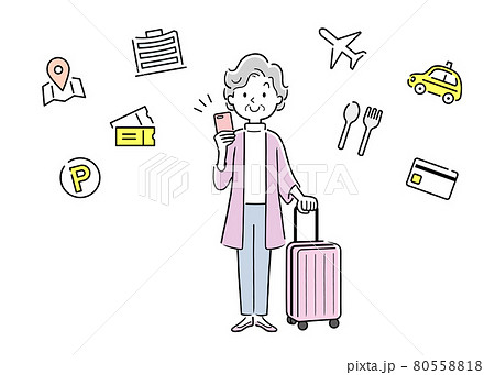 ベクターイラスト素材：旅行先でスマホのアプリを活用するシニア女性 80558818