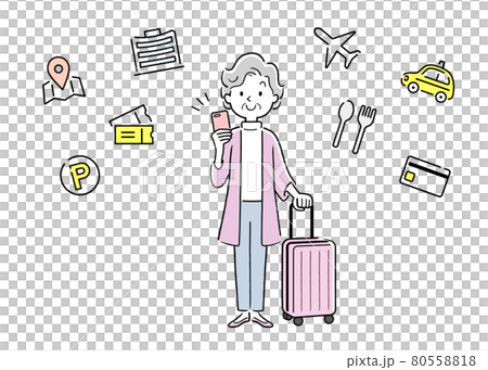 ベクターイラスト素材：旅行先でスマホのアプリを活用するシニア女性 80558818