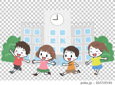 学校と笑顔で走る子供たちのイラスト素材