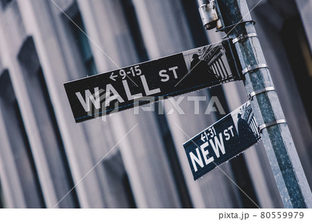 Wall St. street sign in lower Manhattan, New York City. 80559979