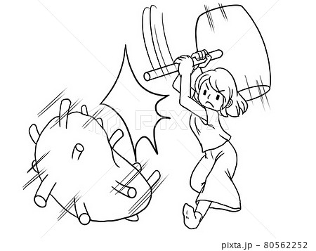 ウィルスをハンマーで叩く女性の効果線付き線描イラストのイラスト素材