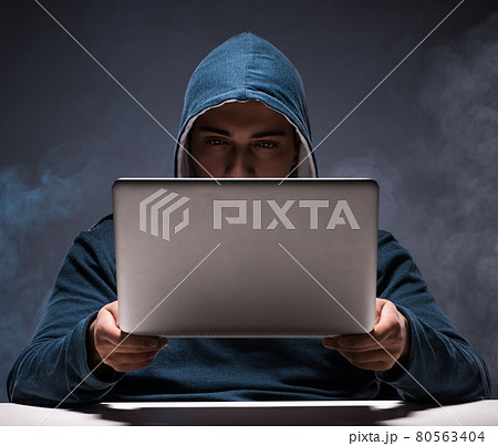 Computer hacker working in dark room Computer hacker working in dark room 80563404