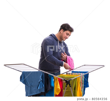 Husband man doing laundry isolated on white 80564356