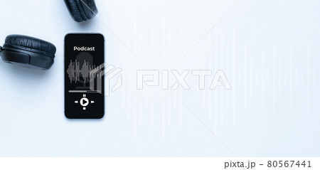 Podcast icon. Audio equipment with microphone, sound headphones, podcast application on mobile smartphone screen. Radio recording sound voice on white background. Broadcast media music concept. Podcast icon. Audio equipment with microphone, sound headphones, podcast application on mobile smartphone screen. Radio recording sound voice on white background. Broadcast media music concept. 80567441