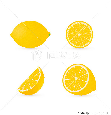 Set of four fresh lemons different views whole, half, slice, cone . Natural organic citrus fruits isolated on white. 3d realistic lemon vector illustration. 80570784