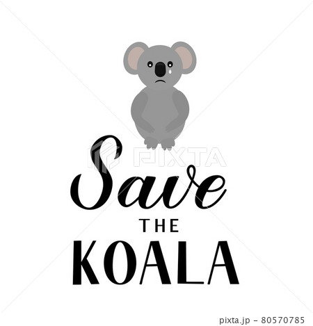 Save the koala lettering with crying cartoon koala isolated on white. Affected animals from bushfires concept. Vector template for banner, typography poster, flyer, sticker, etc. 80570785
