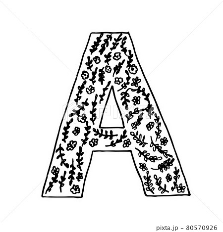 Hand drawn letter A. Sketched letter with decorative floral elements. Easy to edit vector template for your designs. 80570926