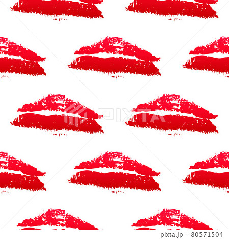 Seamless pattern red lipstick kiss on white background. Grunge lips prints vector illustration. Perfect for Valentines day postcard, clothes, textile design, wrapping paper, cosmetics package, etc. 80571504
