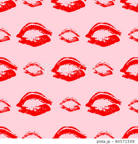 Seamless pattern red lipstick kiss on pink background. Lips prints vector illustration. Perfect for Valentines day postcard, greeting card, textile design, wrapping paper, etc. Seamless pattern red lipstick kiss on pink background. Lips prints vector illustration. Perfect for Valentines day postcard, greeting card, textile design, wrapping paper, etc. 80571509