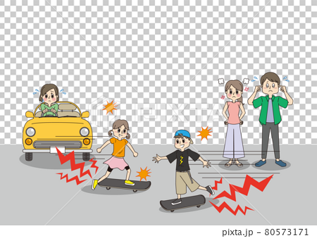 道路でスケートボードで遊ぶ子どもたちと迷惑している車と男性女性のイラスト素材