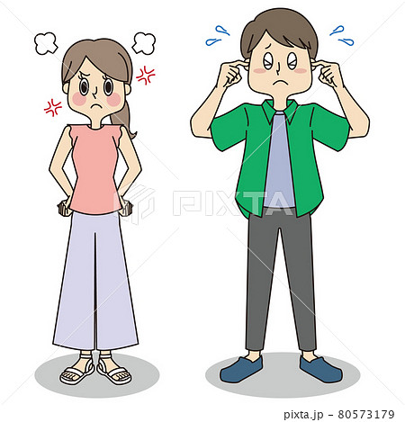 騒音に悩まされて耳を塞ぐ男性と怒っている女性のイラスト素材 騒音に悩まされて耳を塞ぐ男性と怒っている女性のイラスト素材