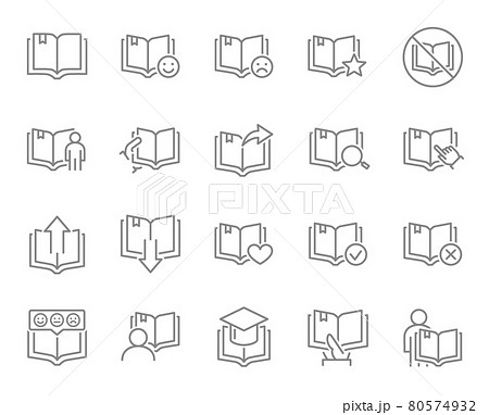 Set of open book line icons. E-book, web library, online instruction, bookcrossing and more. 80574932