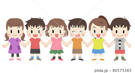 手をつなぐ笑顔の子供たち 主線なしのイラスト素材