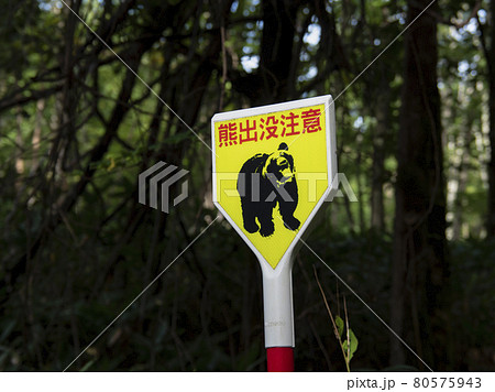 北海道の山の中に設置された熊出没注意の看板の写真素材 [80575943