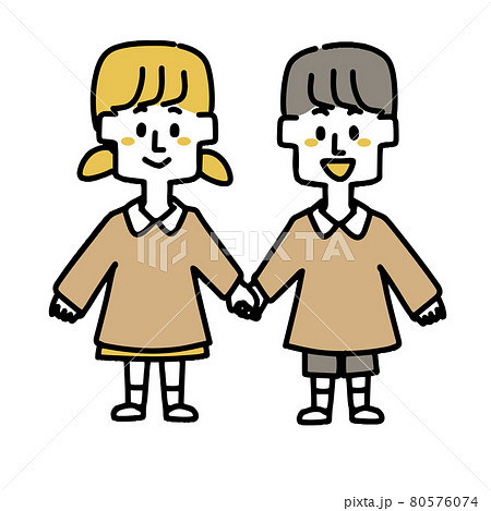 手を繋いでいる幼稚園児の男の子と女の子のイラスト素材