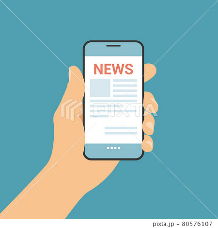 Flat design illustration of man hand holding mobile phone with online newsletter on screen, vector 80576107