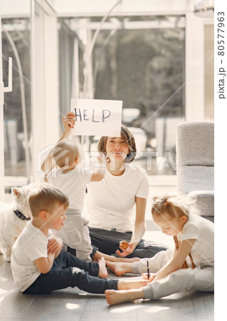 Mother with children stay at home on quarantine Mother with children stay at home on quarantine 80577963