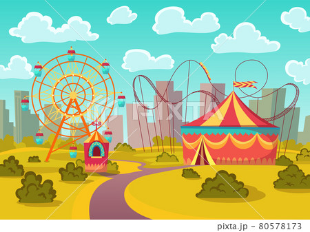 Amusement park attractions with merry-go-round horseabout carousel, observation wheel and roller coaster amusement rides. City landscape on background 80578173