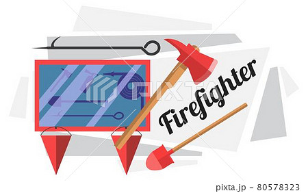 Firefighter equipment and tools in display frame 80578323