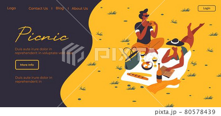 Picnic in park, couple on blanket with food web 80578439