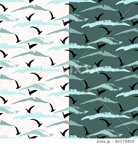 Abstract ocean, birds grunge seamless pattern. Hand painted design, sea side, wave in blue marine palette, black seagull silhouette. White, green easy editable background. Vector Abstract ocean, birds grunge seamless pattern. Hand painted design, sea side, wave in blue marine palette, black seagull silhouette. White, green easy editable background. Vector 80579800
