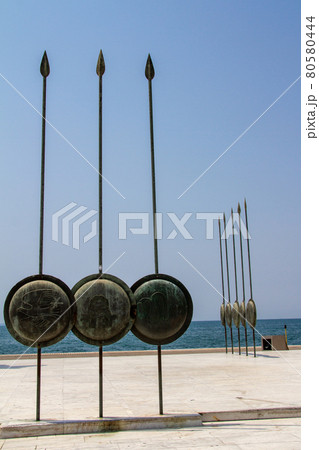 Greece, Thessaloniki, Alexander the Great Statue, spears and shields 80580444