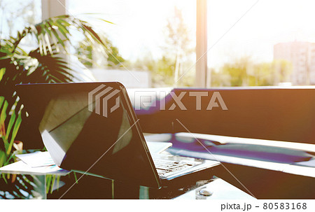 Photo of a laptop with an open top, a workplace modern office Photo of a laptop with an open top, a workplace modern office 80583168