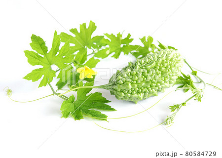 Bitter melon or bitter gourd with leaves isolated on white background 80584729