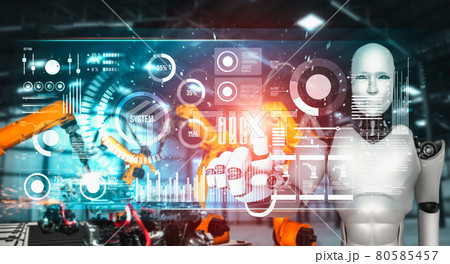 Mechanized industry robot and robotic arms for assembly in factory production . Mechanized industry robot and robotic arms for assembly in factory production . 80585457