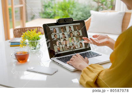 リビングでノートパソコンを使ってウェブ会議をする若い女性の手元のアップ 80587078