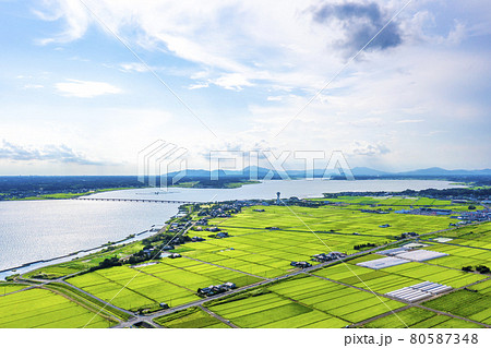 夏の霞ヶ浦にかかる霞ヶ浦大橋と遠方の筑波山（茨城県） 80587348