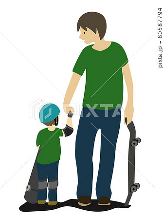 ヘルメットとサポーターを着けてスケートボードを抱える子供と手を繋いで練習に向かう親子のイラスト 80587794