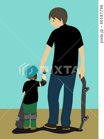 ヘルメットとサポーターを着けてスケートボードを抱える子供と手を繋いで練習に向かう親子のイラスト 80587796