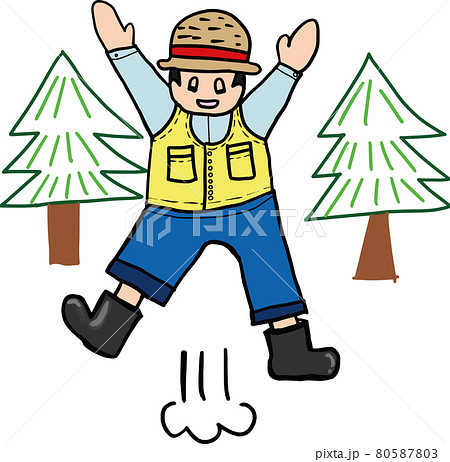 山の中でジャンプする農家の男 80587803