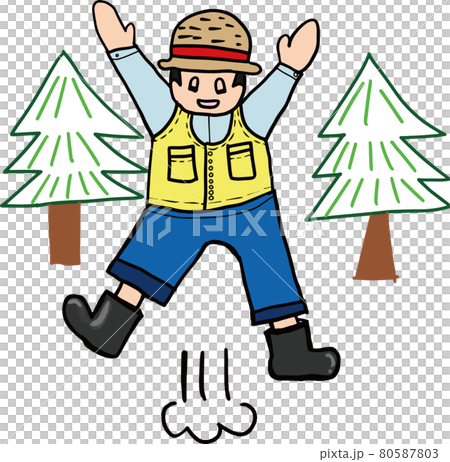 山の中でジャンプする農家の男 80587803